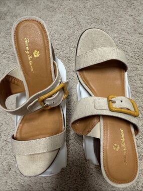 Tommy Bahama Neutral Beige Canvas Slide Mules with Yellow Buckle